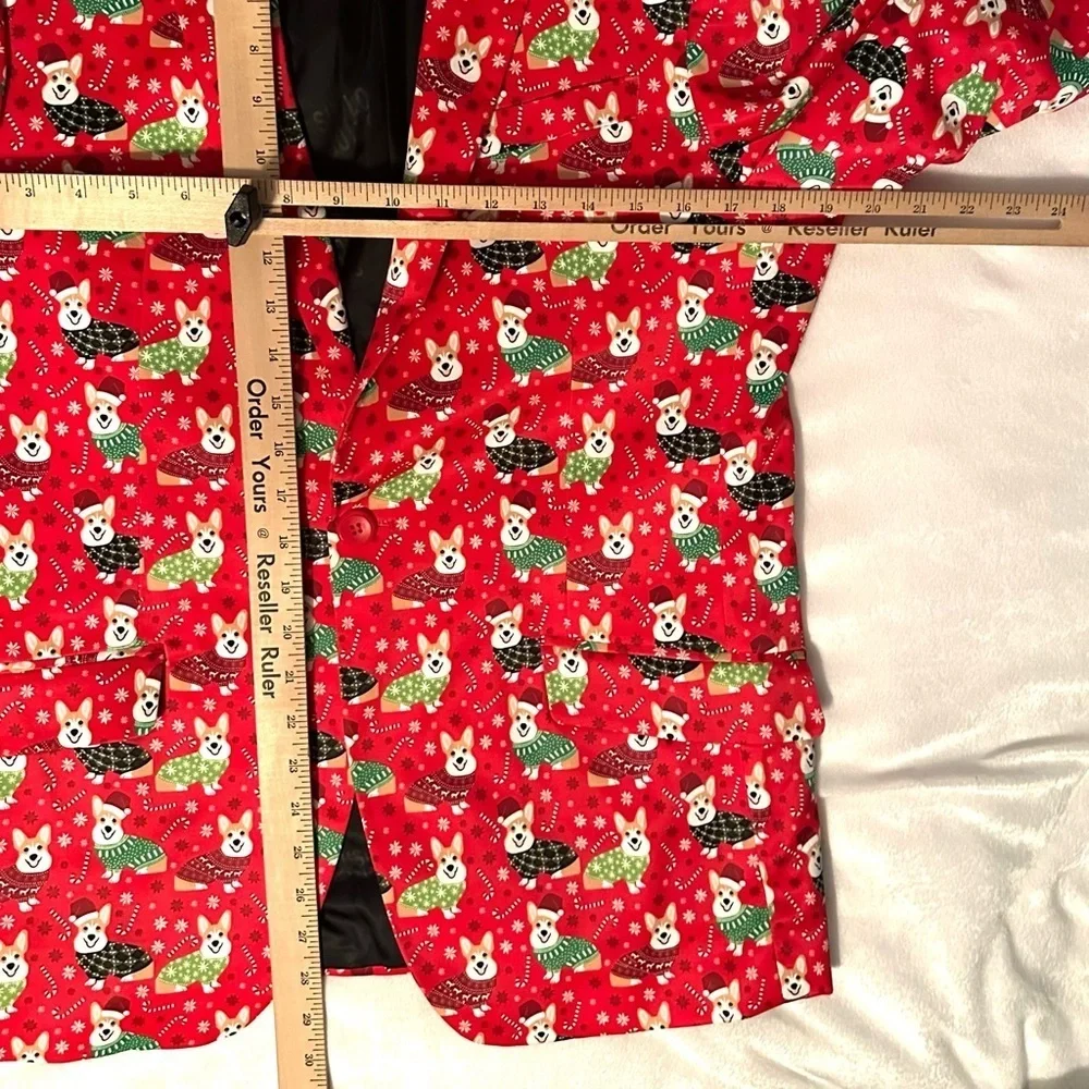 Suslo Couture Christmas Corgi Dog Mens M Red Blazer Slim Fit Lined party holiday